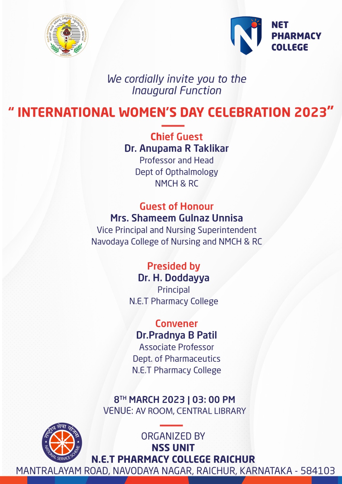 International Women’s Day conducted by Navodaya Pharmacy College on 08/03/23