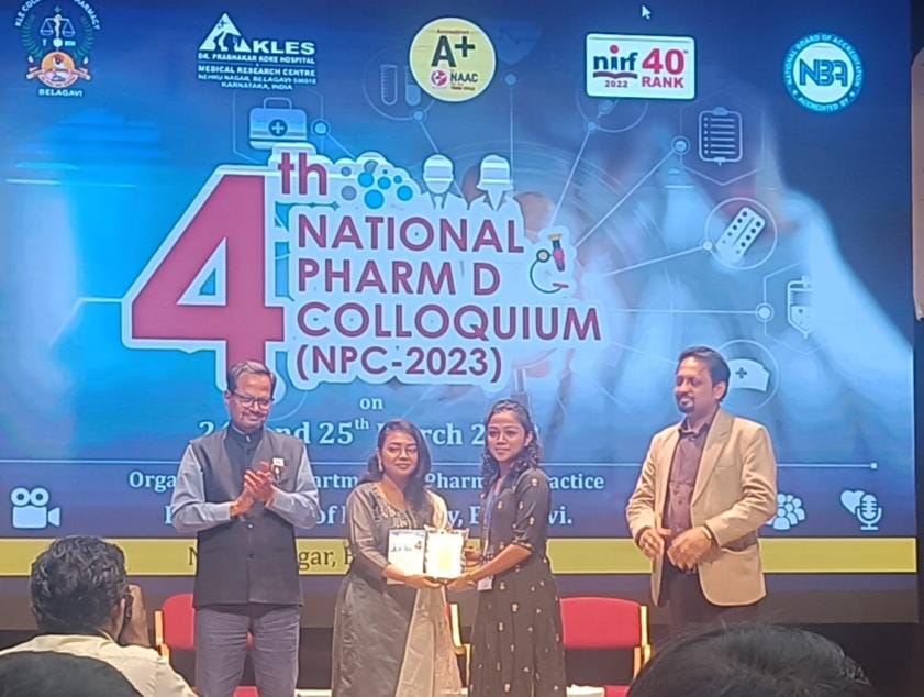 Miss. Megha S. Kumar ,V Pharm D,NET Pharmacy College awarded for the best oral presentation & secured Ist prize entitled”Household Survey on the extend of Home Medication Utilization and Storage Habits-A cross sectional study ”  at the 4″ NATIONAL PHARM.D COLLOQUIUM (NPC-2023) organized by Dept. of Pharmacy Practice, KLE College of Pharmacy, Belagavi on 24 & 25th March 2023.